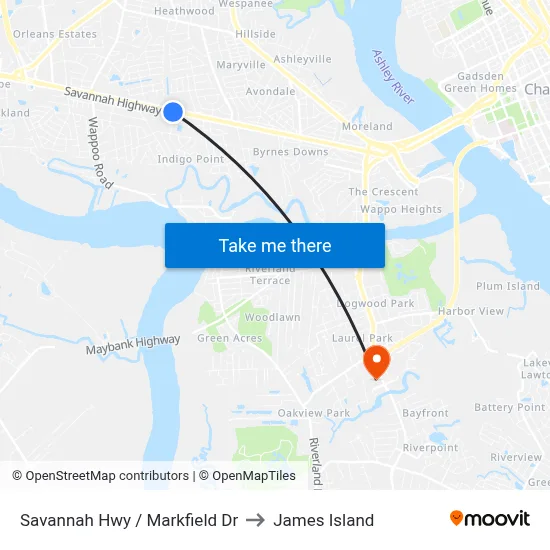 Savannah Hwy / Markfield Dr to James Island map