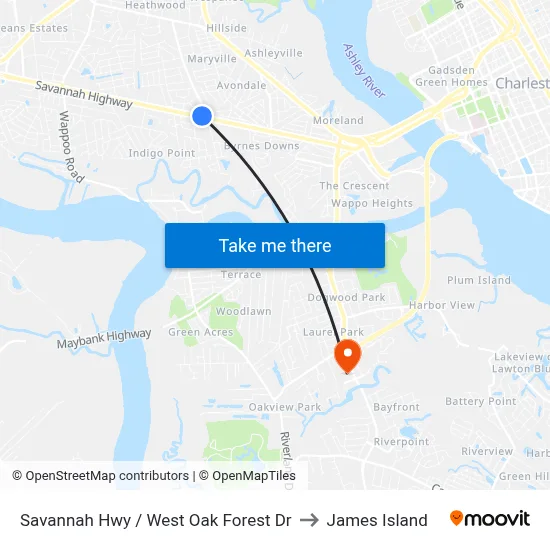 Savannah Hwy / West Oak Forest Dr to James Island map