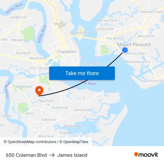 650 Coleman Blvd to James Island map
