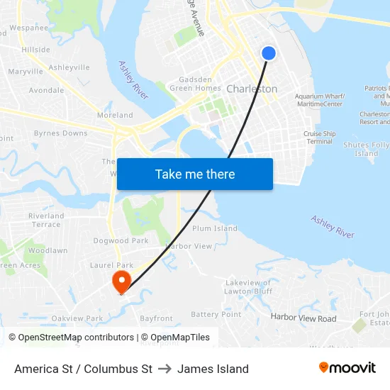 America St / Columbus St to James Island map