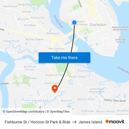 Fishburne St / Horizon St Park & Ride to James Island map