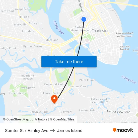 Sumter St / Ashley Ave to James Island map