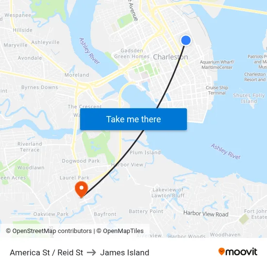 America St / Reid St to James Island map