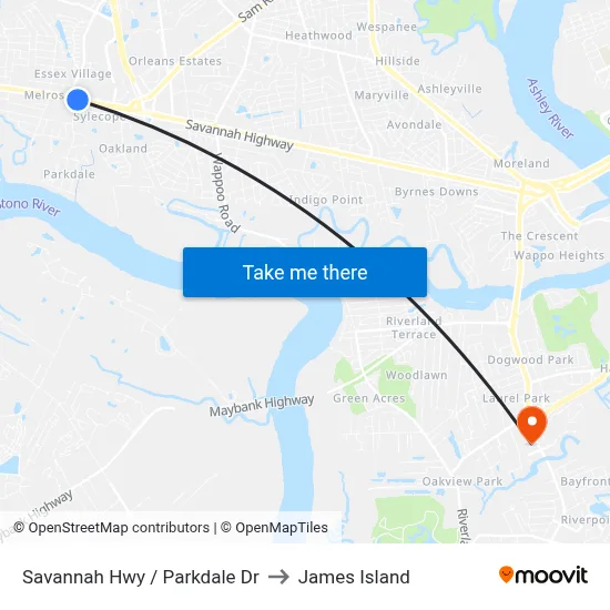 Savannah Hwy / Parkdale Dr to James Island map