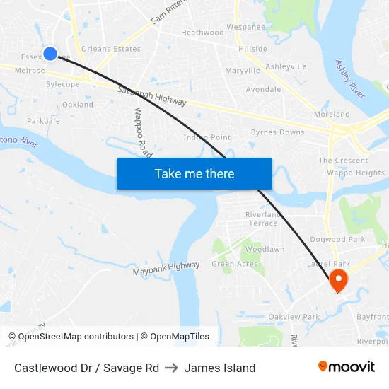 Castlewood Dr / Savage Rd to James Island map