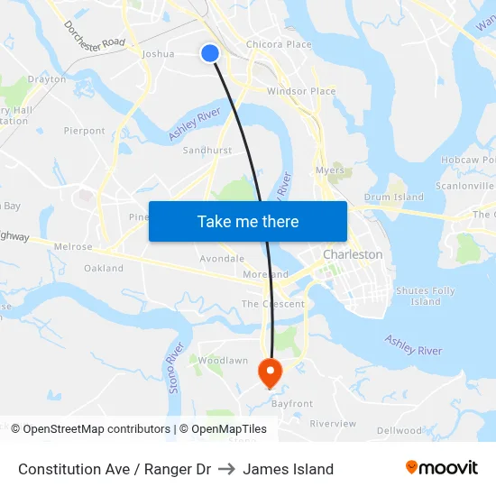 Constitution Ave / Ranger Dr to James Island map