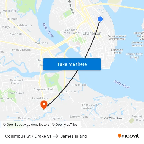 Columbus St / Drake St to James Island map