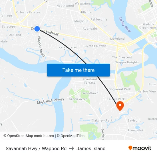 Savannah Hwy / Wappoo Rd to James Island map