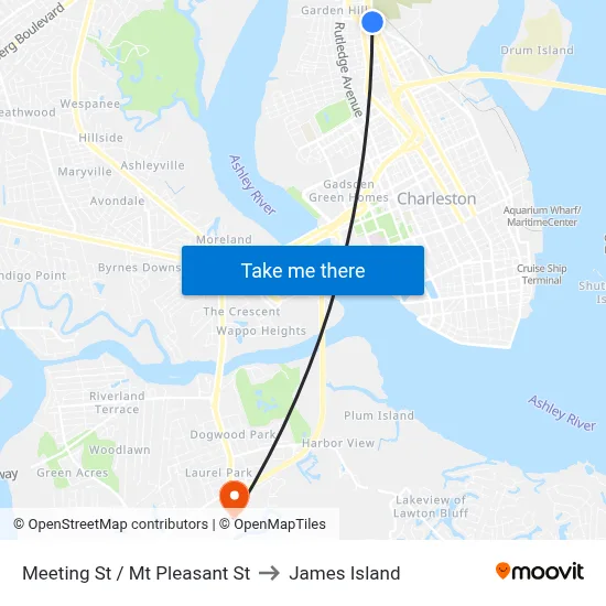 Meeting St / Mt Pleasant St to James Island map