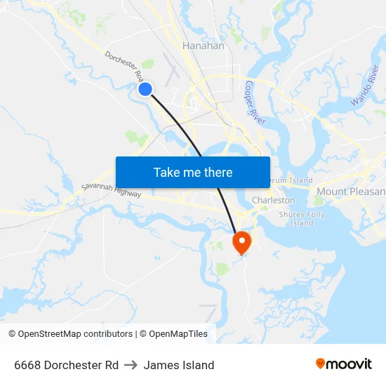 6668 Dorchester Rd to James Island map