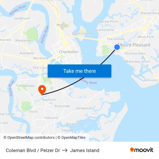 Coleman Blvd / Pelzer Dr to James Island map