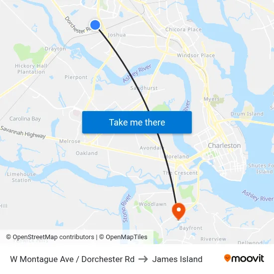 W Montague Ave / Dorchester Rd to James Island map