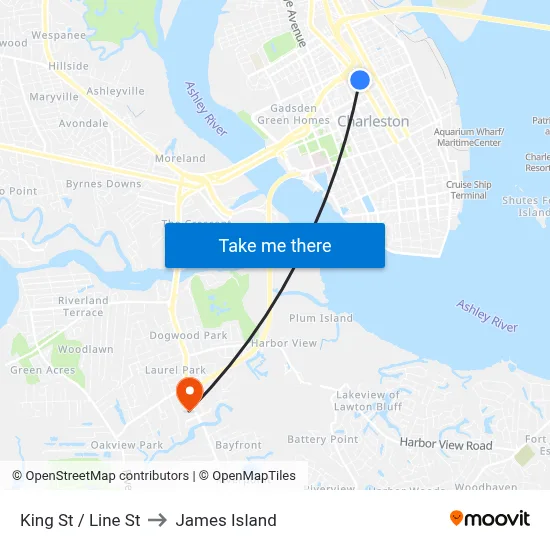 King St / Line St to James Island map