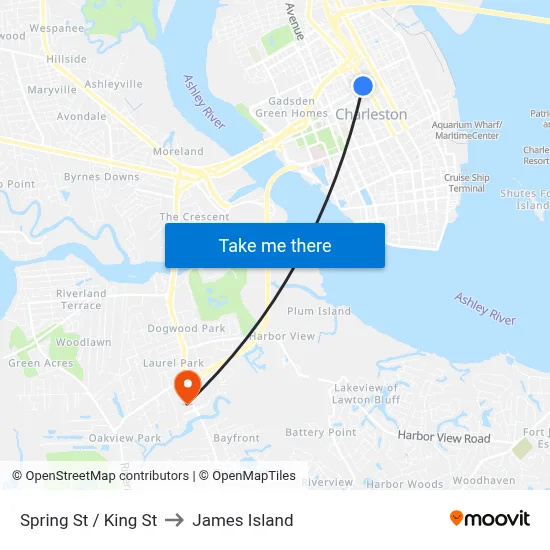 Spring St / King St to James Island map