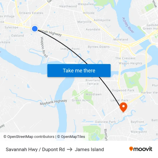Savannah Hwy / Dupont Rd to James Island map