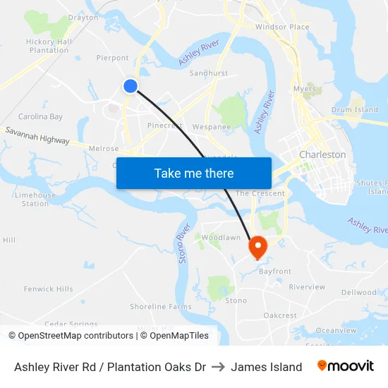 Ashley River Rd / Plantation Oaks Dr to James Island map