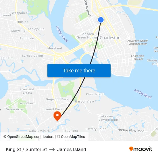 King St / Sumter St to James Island map