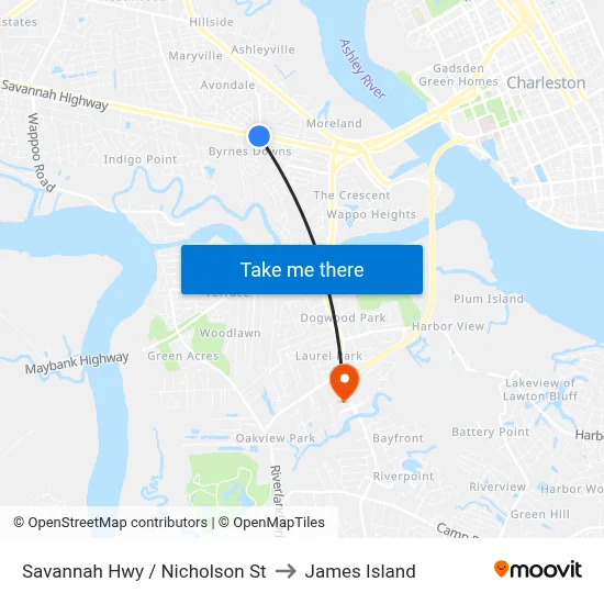 Savannah Hwy / Nicholson St to James Island map