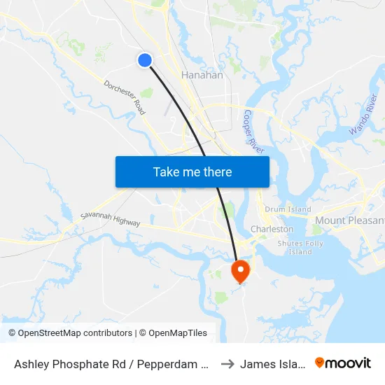 Ashley Phosphate Rd / Pepperdam Ave to James Island map