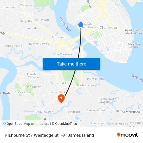 Fishburne St / Westedge St to James Island map