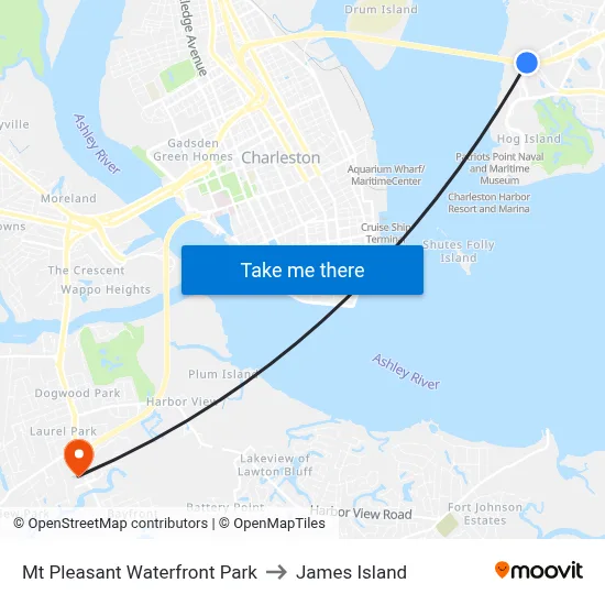 Mt Pleasant Waterfront Park to James Island map