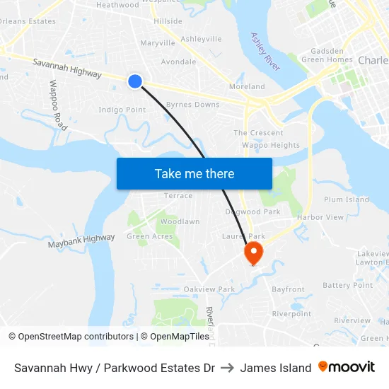 Savannah Hwy / Parkwood Estates Dr to James Island map