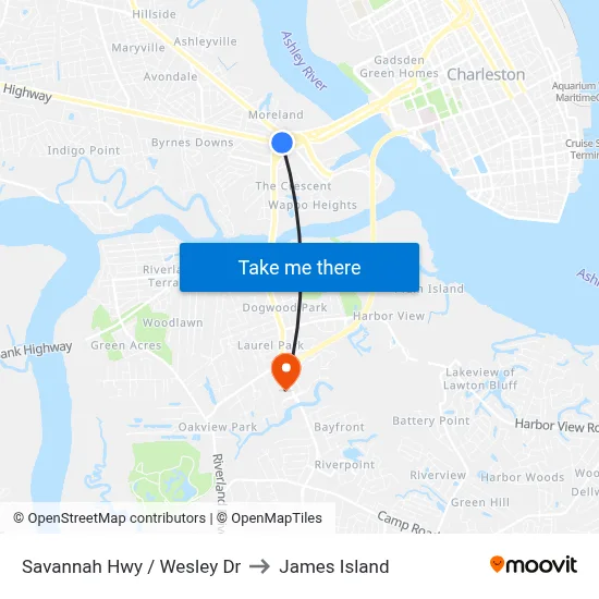Savannah Hwy / Wesley Dr to James Island map