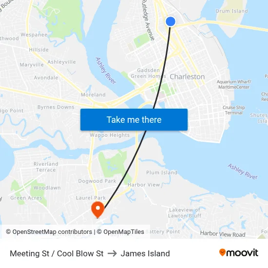 Meeting St / Cool Blow St to James Island map