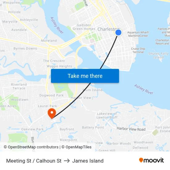 Meeting St / Calhoun St to James Island map