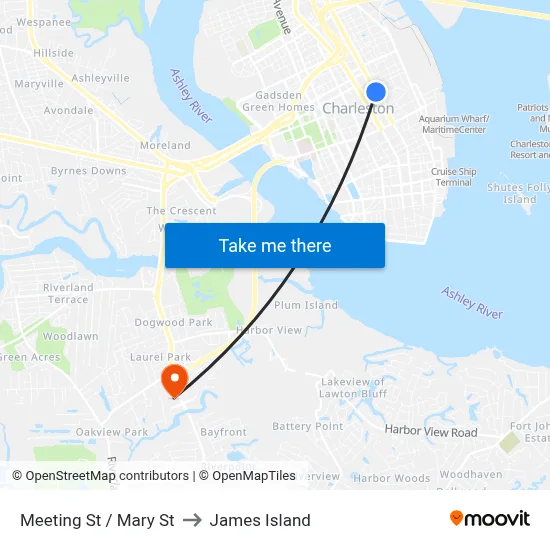 Meeting St / Mary St to James Island map