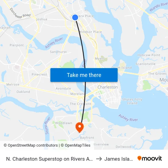N. Charleston Superstop on Rivers Ave to James Island map
