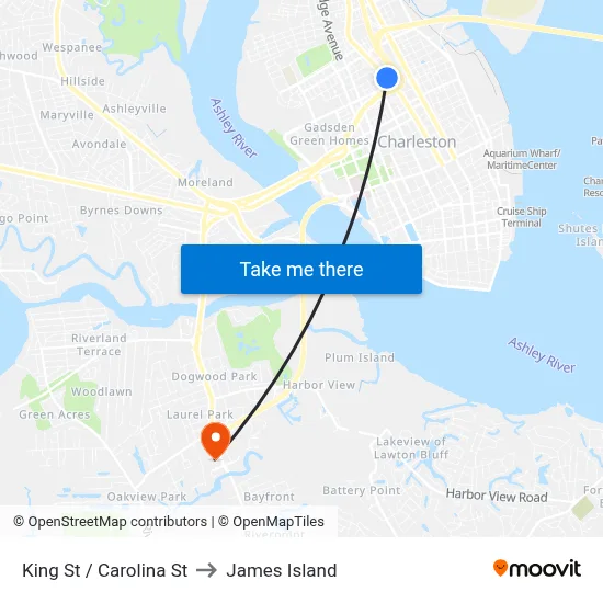 King St / Carolina St to James Island map