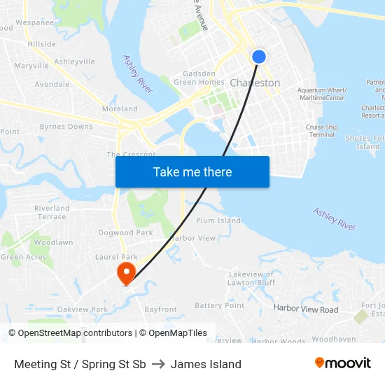 Meeting St / Spring St Sb to James Island map