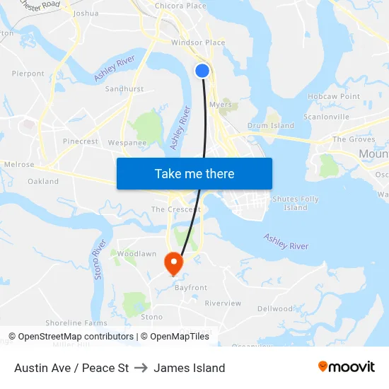 Austin Ave / Peace St to James Island map