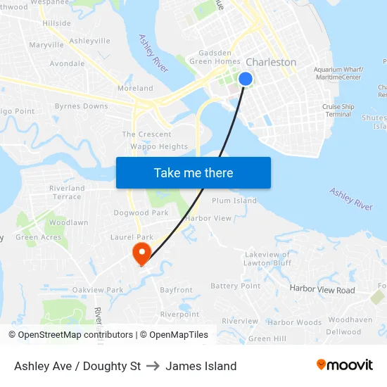 Ashley Ave / Doughty St to James Island map