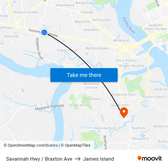 Savannah Hwy / Braxton Ave to James Island map