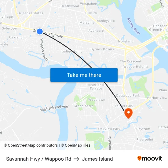 Savannah Hwy / Wappoo Rd to James Island map