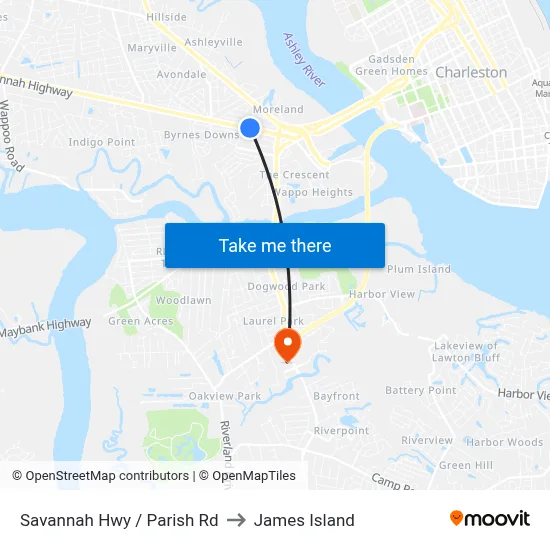 Savannah Hwy / Parish Rd to James Island map