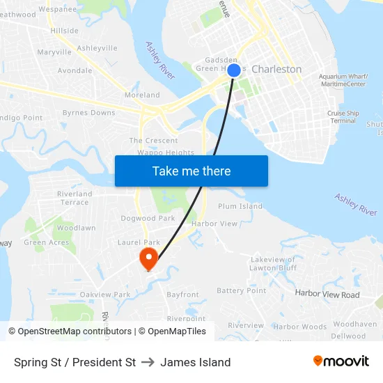 Spring St / President St to James Island map