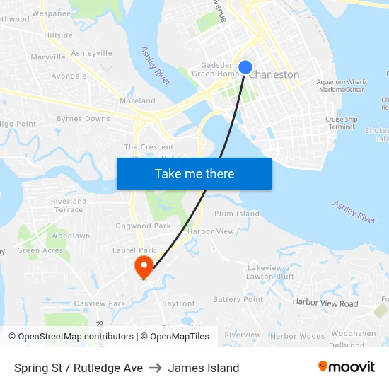 Spring St / Rutledge Ave to James Island map