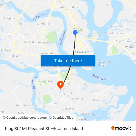 King St / Mt Pleasant St to James Island map