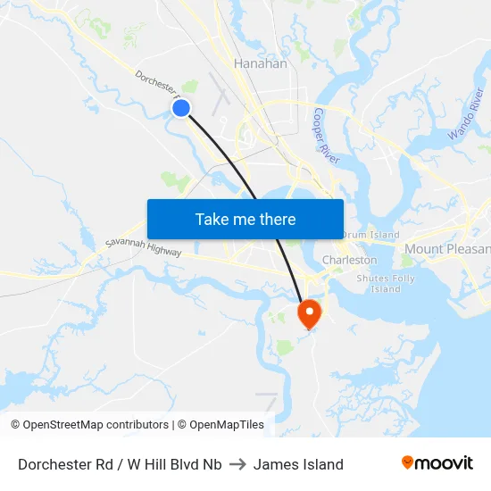 Dorchester Rd / W Hill Blvd Nb to James Island map