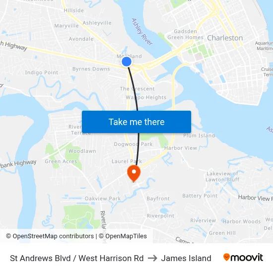 St Andrews Blvd / West Harrison Rd to James Island map