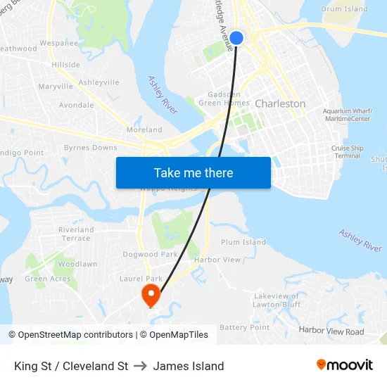 King St / Cleveland St to James Island map