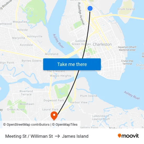 Meeting St / Williman St to James Island map