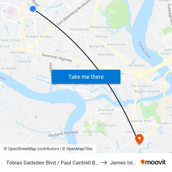 Tobias Gadsden Blvd / Paul Cantrell Blvd Sb to James Island map