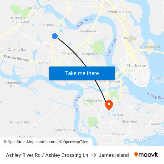 Ashley River Rd / Ashley Crossing Ln to James Island map