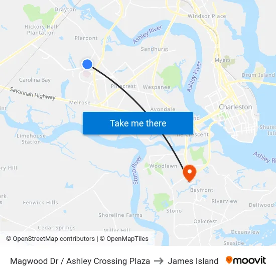 Magwood Dr / Ashley Crossing Plaza to James Island map
