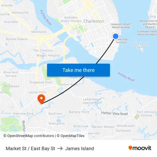 Market St / East Bay St to James Island map
