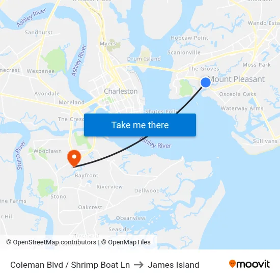 Coleman Blvd / Shrimp Boat Ln to James Island map